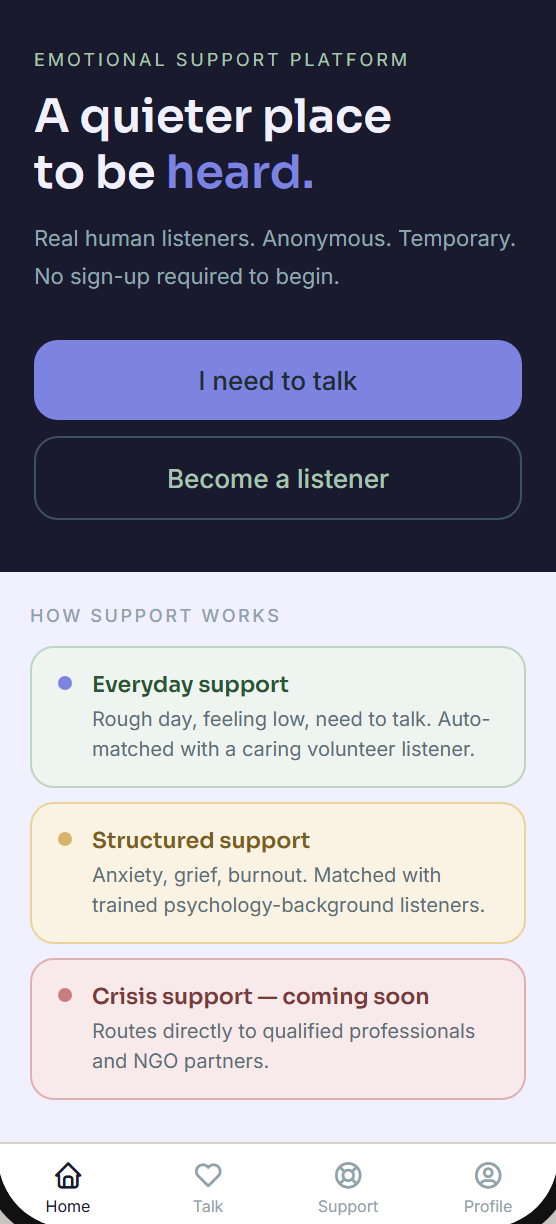 SafeSpace welcome screen: “A quieter place to be heard.”